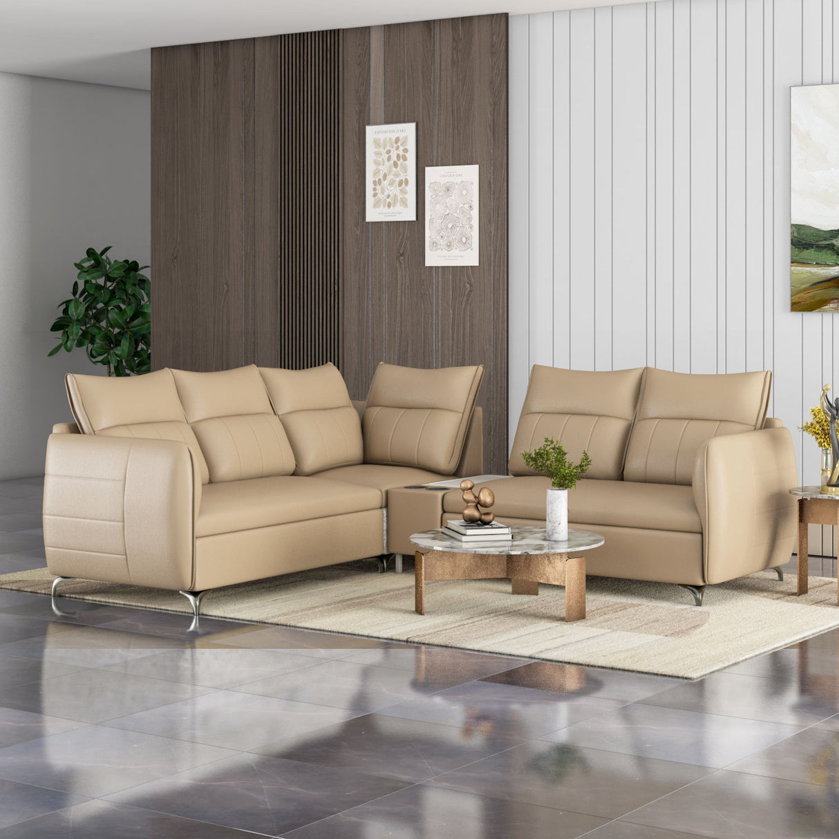 Infinia 2+2+1 Seater Leatherette Sofa Set with Left Corner Sofa and Rectangle Console- Beige