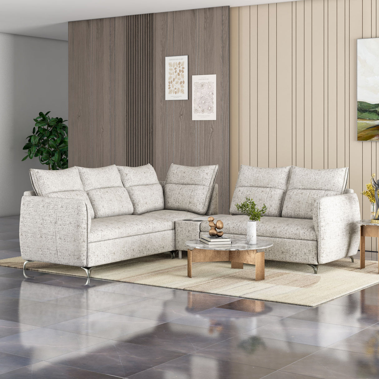 Infinia 2+2+1 Seater Fabric Sofa Set with Left Corner Sofa and Rectangle Console- Off White