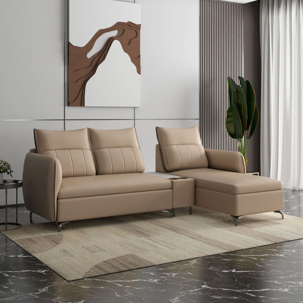 Infinia 3 Seater Leatherette Sofa with Left Lounger and Rectangle Console- Beige