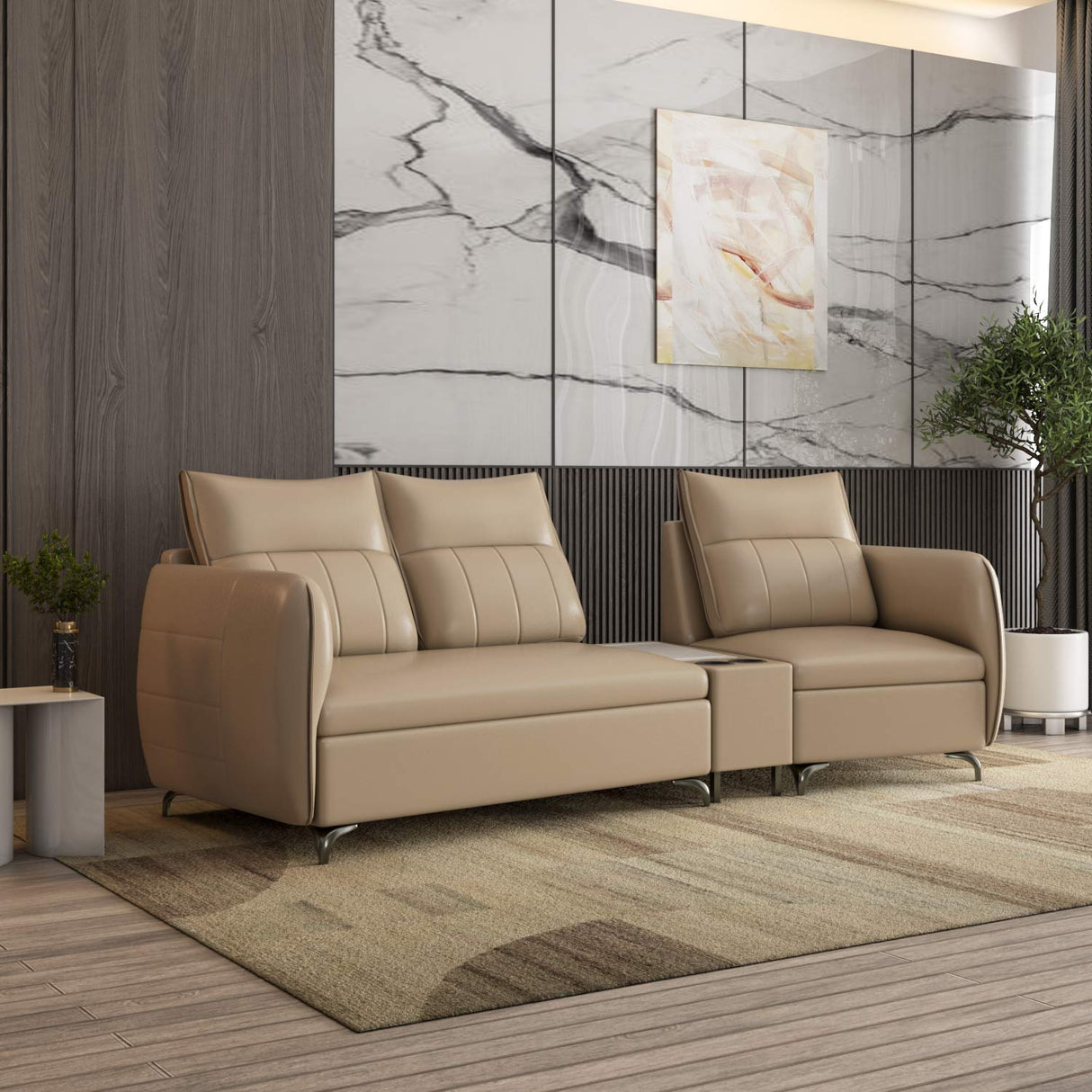 Infinia 2+1 Seater Leatherette Sofa Set with Triangle Console- Beige