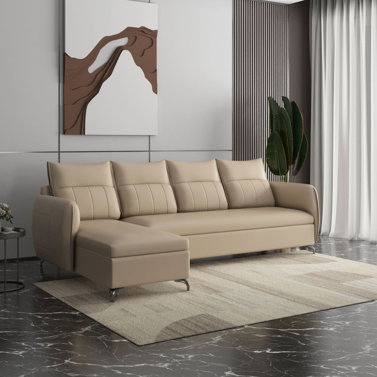 Infinia 4 Seater Leatherette Sofa with Right Lounger- Beige