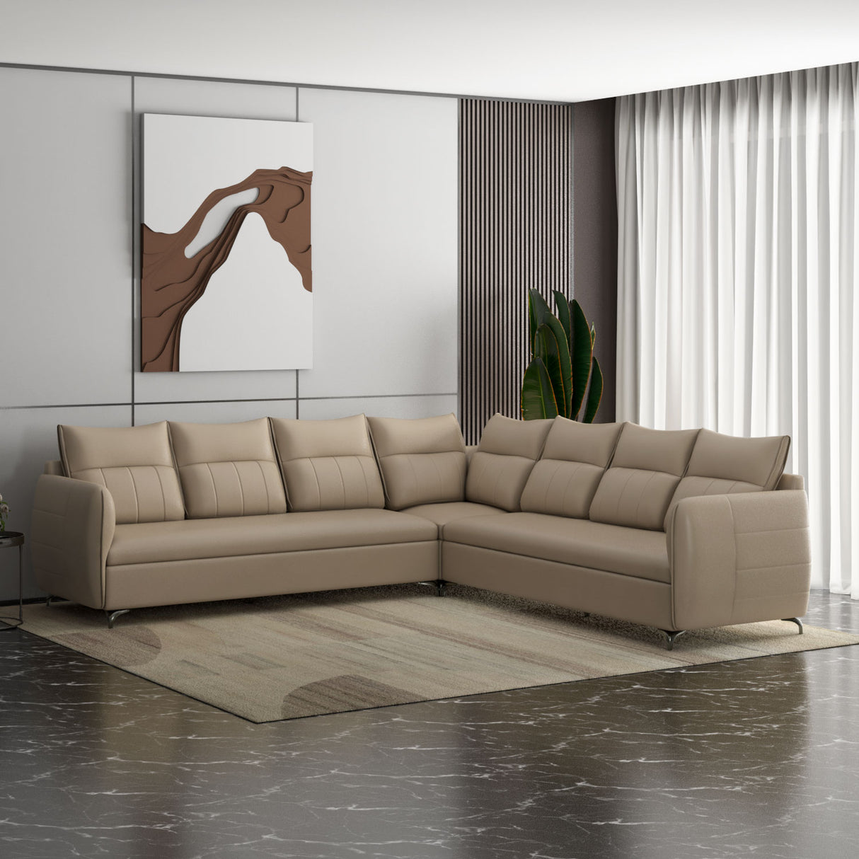 Infinia 3+3+1 Seater Leatherette Sofa Set with Right Corner Sofa- Beige