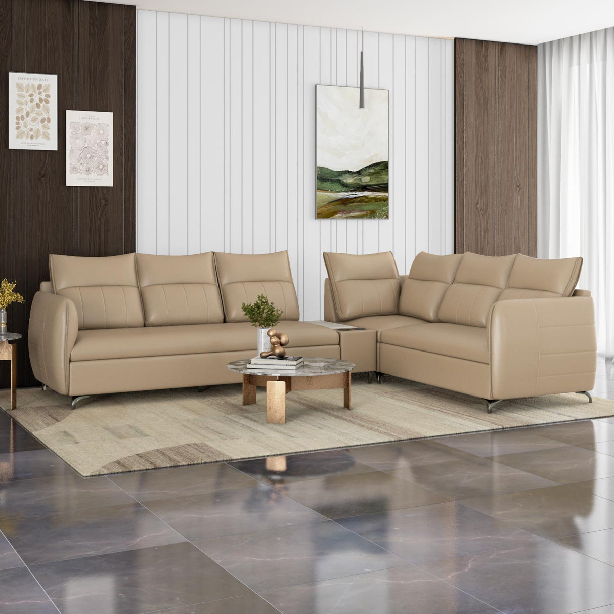 Infinia 3+2+1 Seater Leatherette Sofa Set with Left Corner Sofa and Rectangle Console- Beige