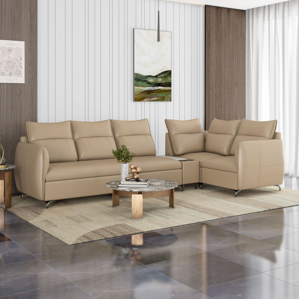 Infinia 3+1+1 Seater Leatherette Sofa Set with Left Corner Sofa and Rectangle Console- Beige