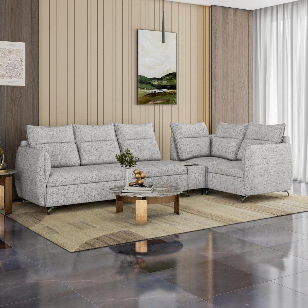 Infinia 3+1+1 Seater Fabric Sofa Set with Left Corner Sofa and Rectangle Console- Off White