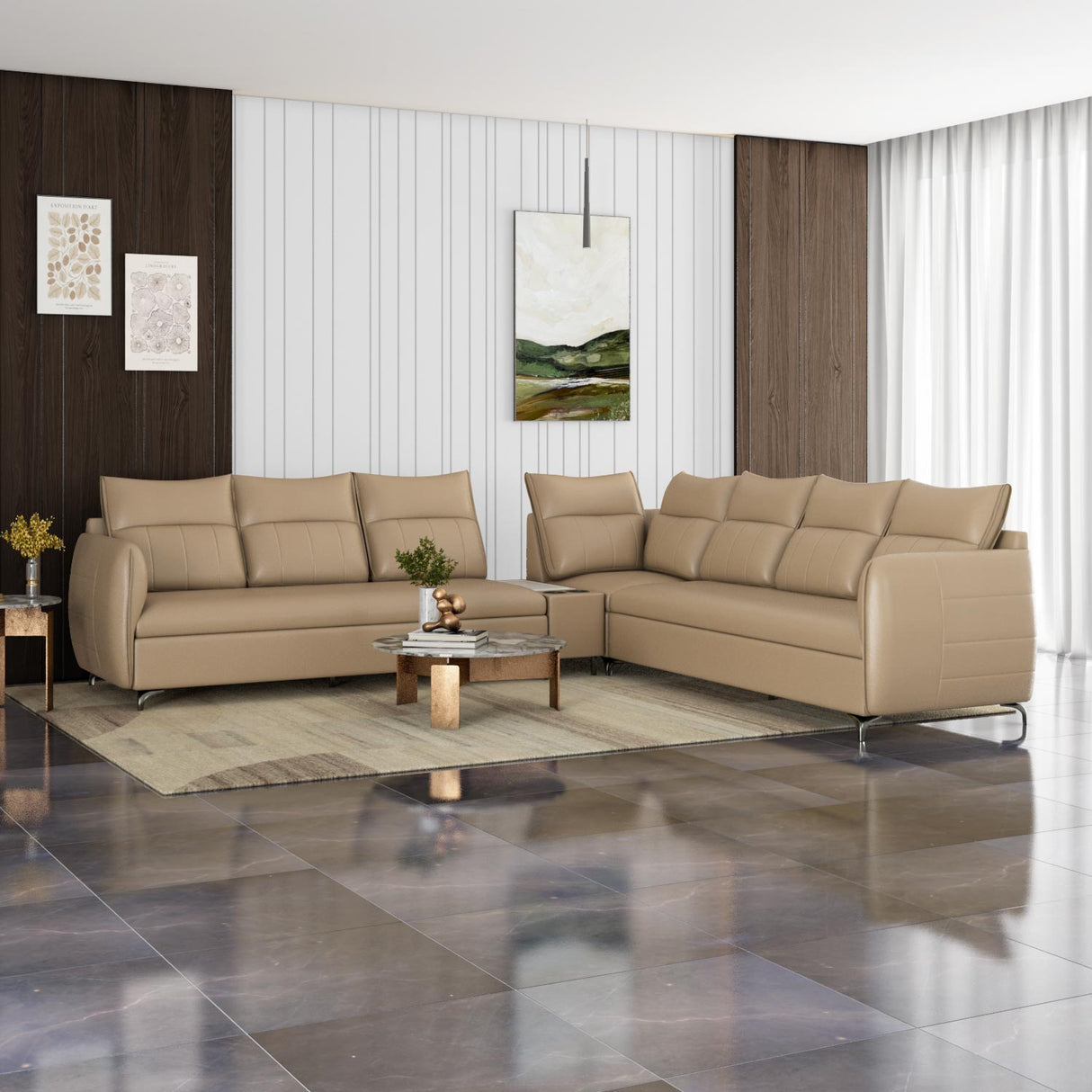 Infinia 3+3+1 Seater Leatherette Sofa Set with Right Corner Sofa and Rectangle Console- Beige