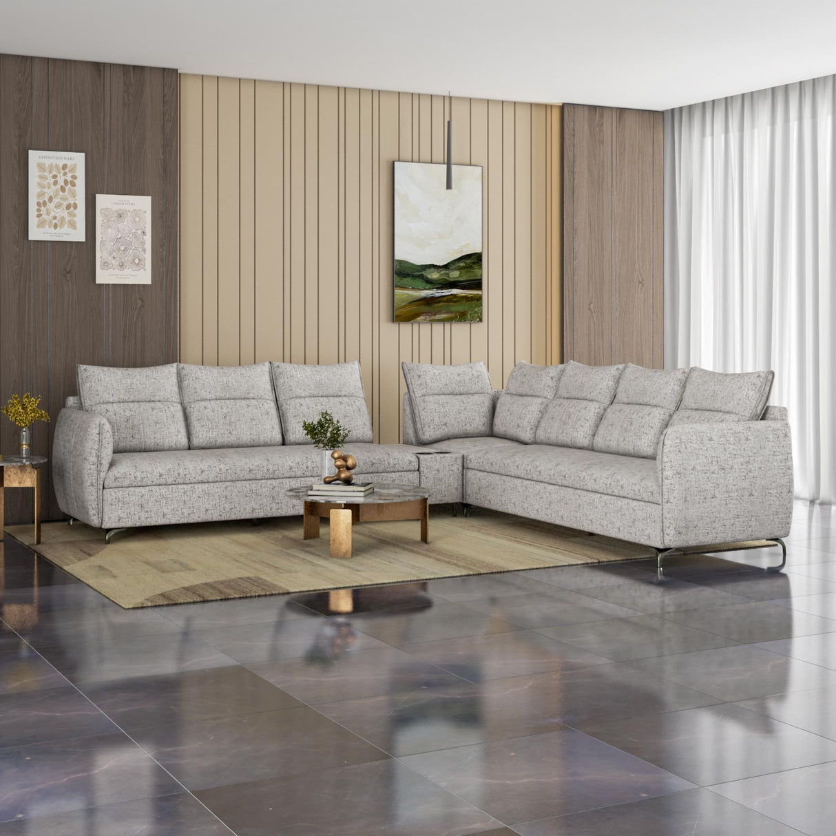 Infinia 3+3+1 Seater Fabric Sofa Set with Right Corner Sofa and Rectangle Console- Off White