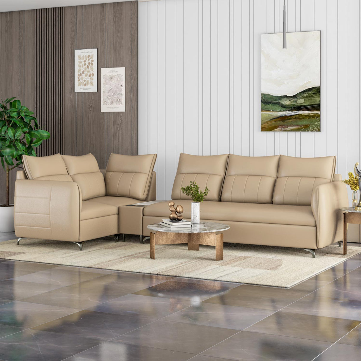 Infinia 3+1+1 Seater Leatherette Sofa Set with Right Corner Sofa and Rectangle Console- Beige
