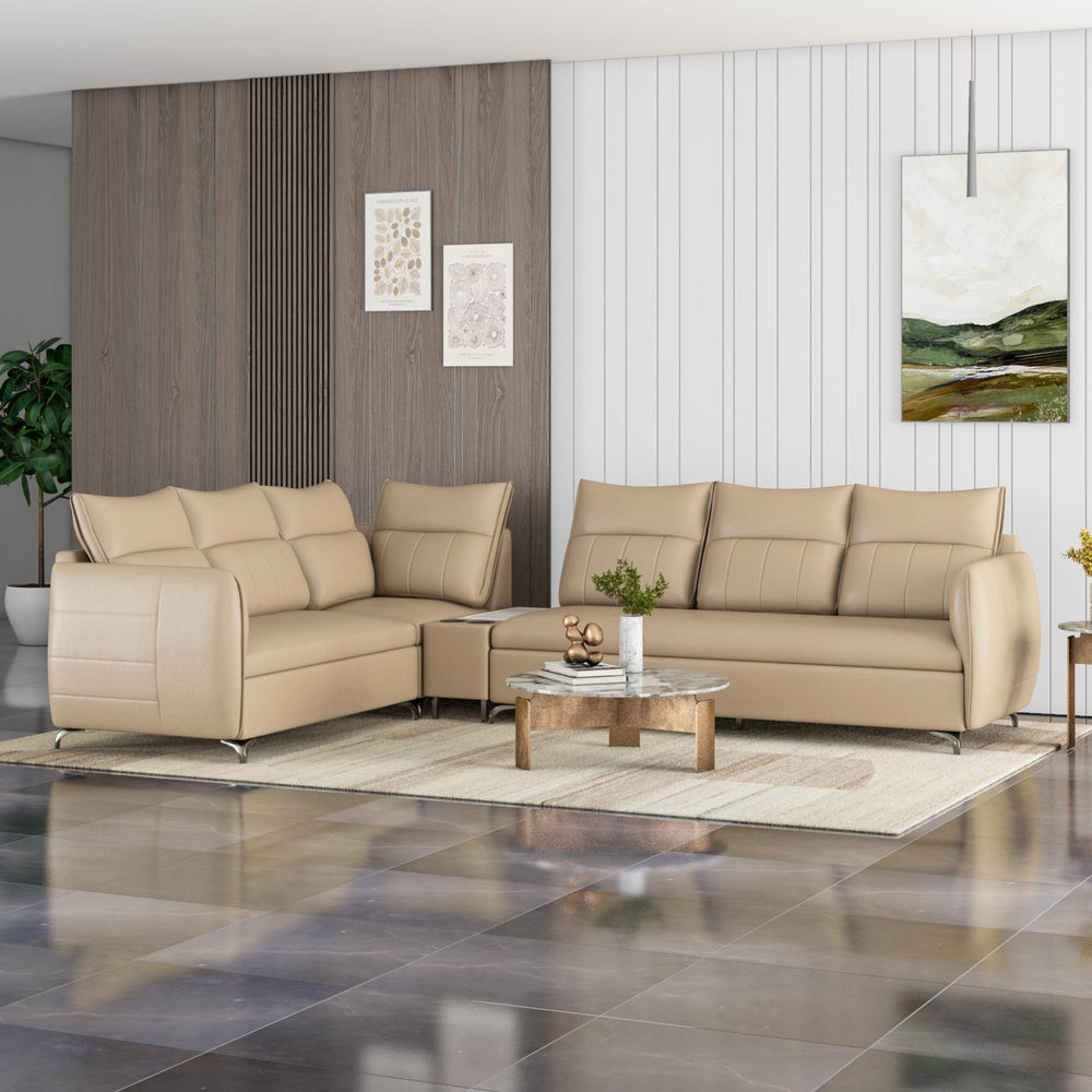 Infinia 3+2+1 Seater Leatherette Sofa Set with Right Corner Sofa and Rectangle Console- Beige