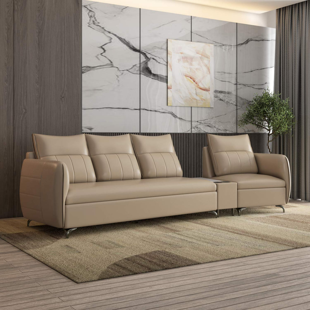 Infinia 3+1 Seater Leatherette Sofa Set with Triangle Console- Beige