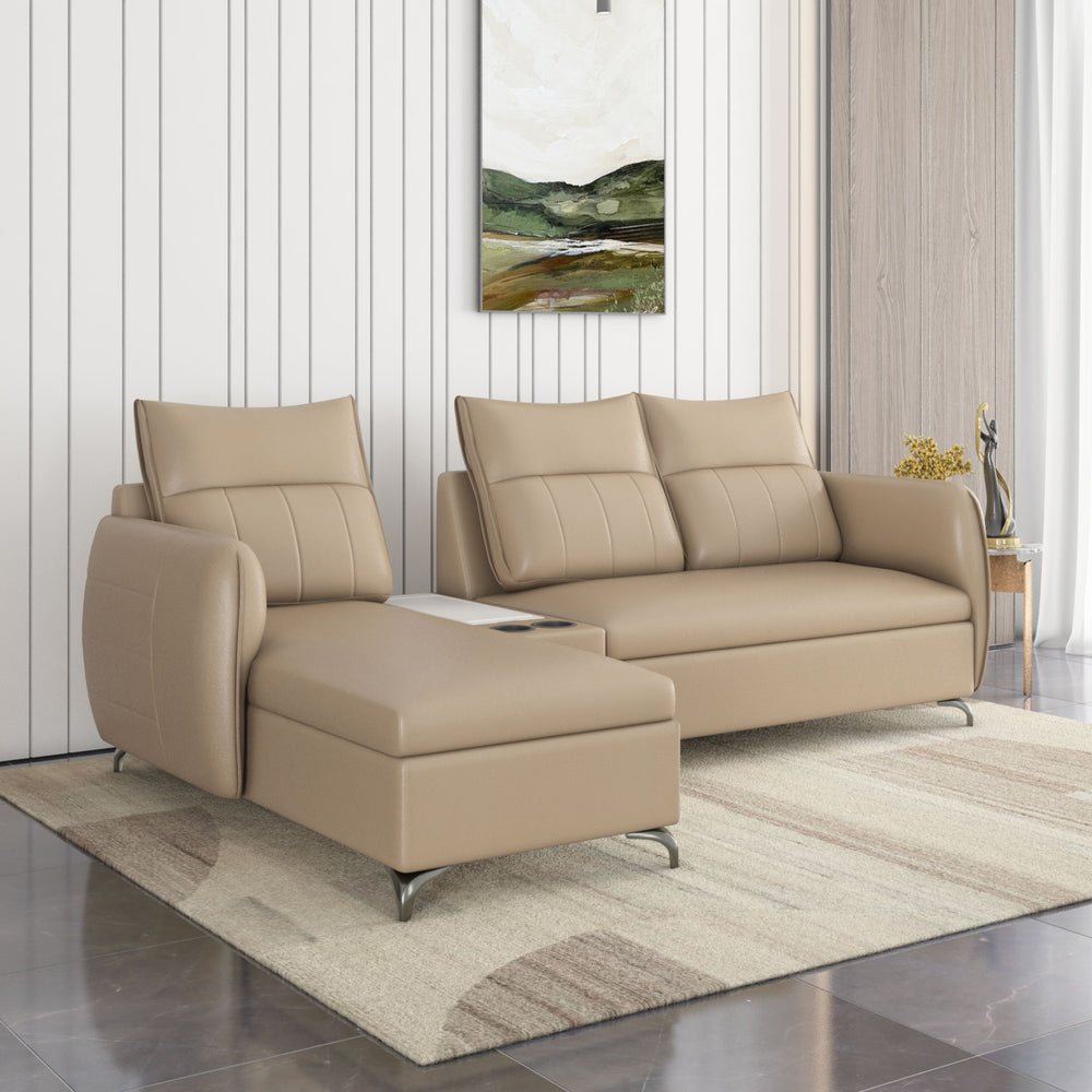Infinia 3 Seater Leatherette Sofa with Right Lounger and Rectangle Console- Beige