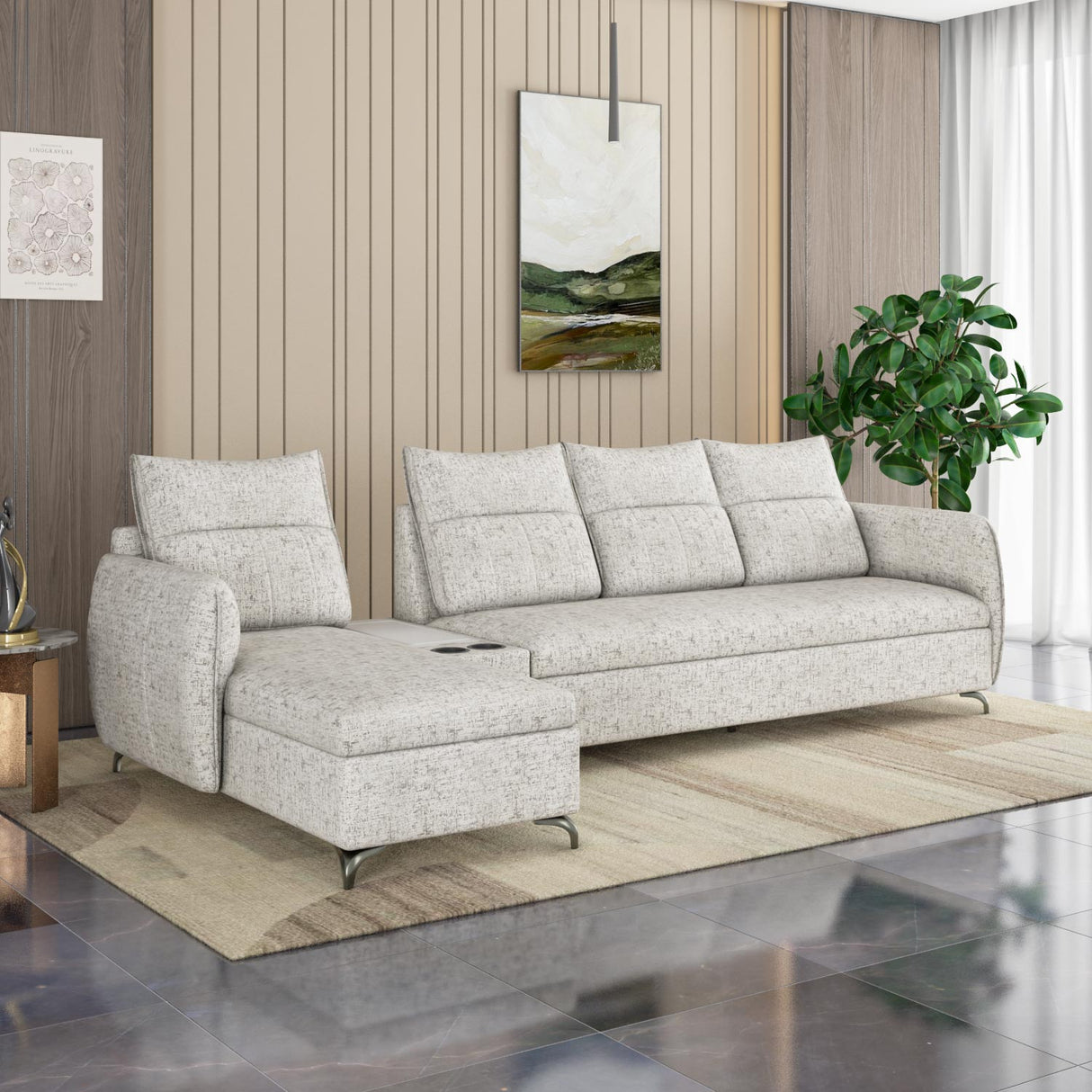 Infinia 4 Seater Fabric Sofa with Right Lounger and Rectangle Console- Off White