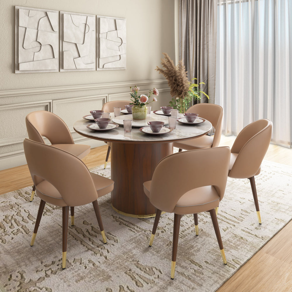 Empera 6 Seater Round Dining Set- Beige & Walnut