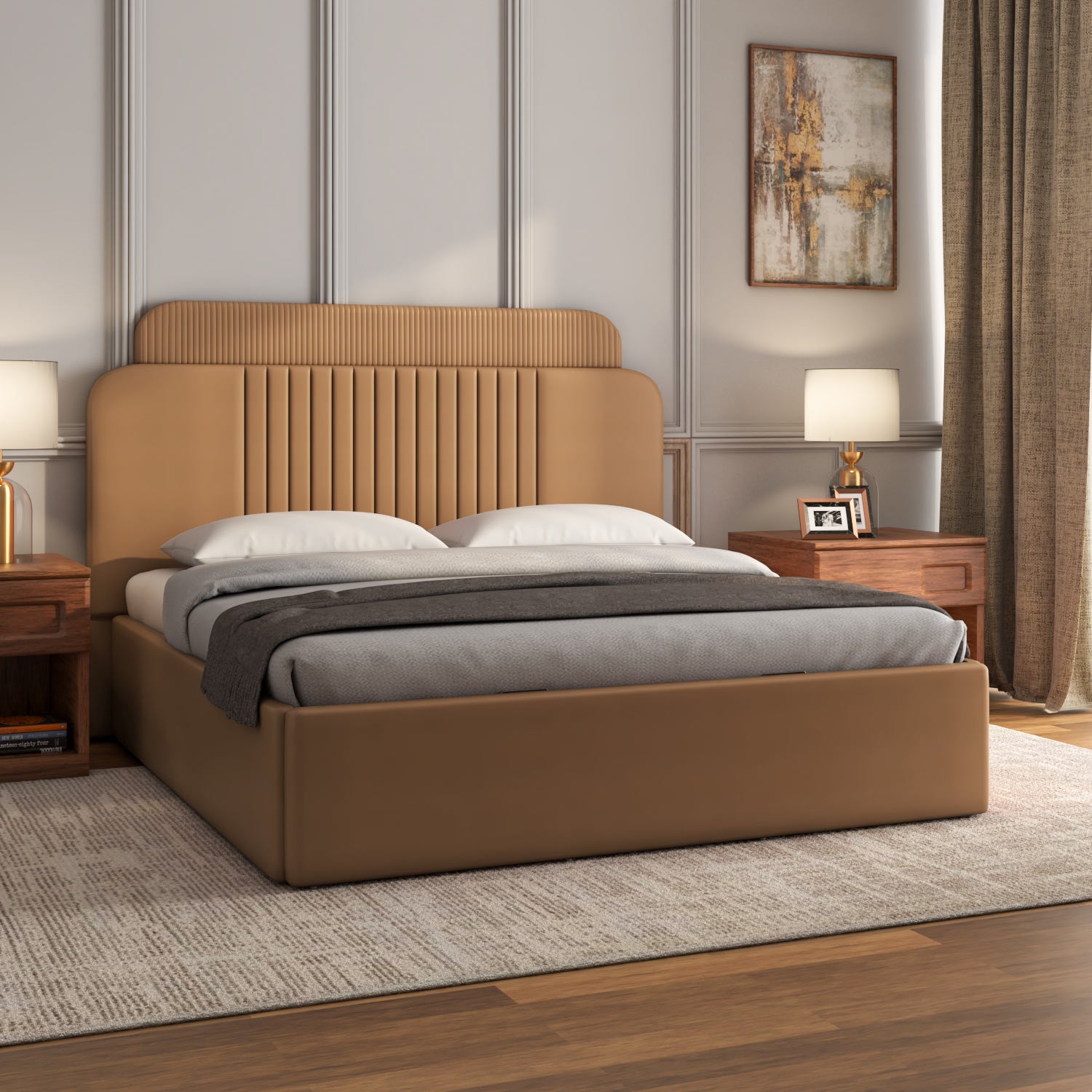 Lynn Hydraulic Bed with Liana Headboard- Tan