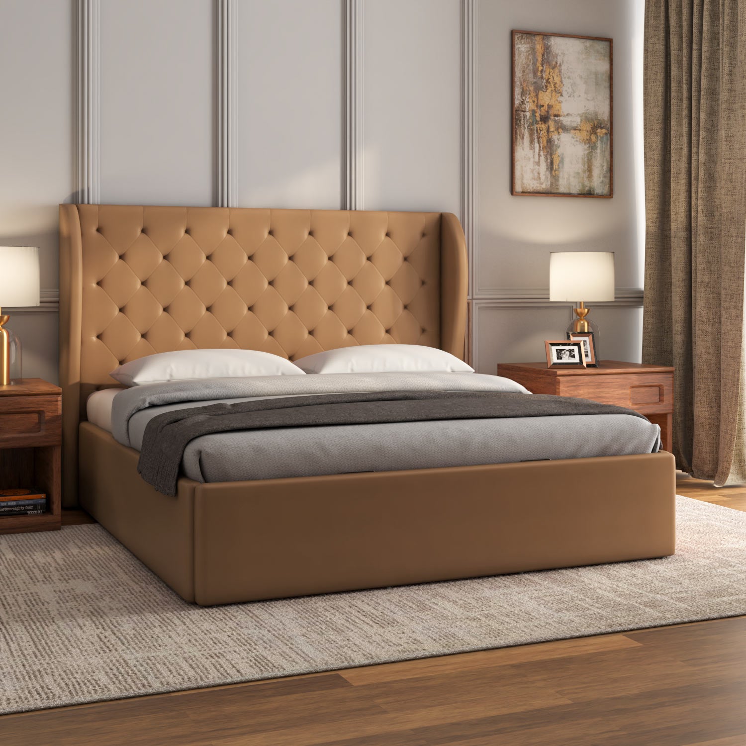 Lynn Hydraulic Bed with Relic Headboard- Tan