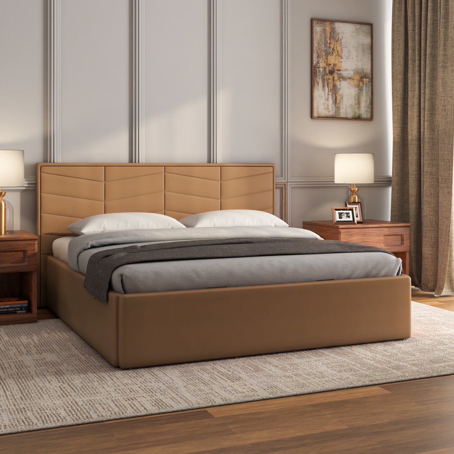 Lynn Hydraulic Bed with Torrent Headboard- Tan