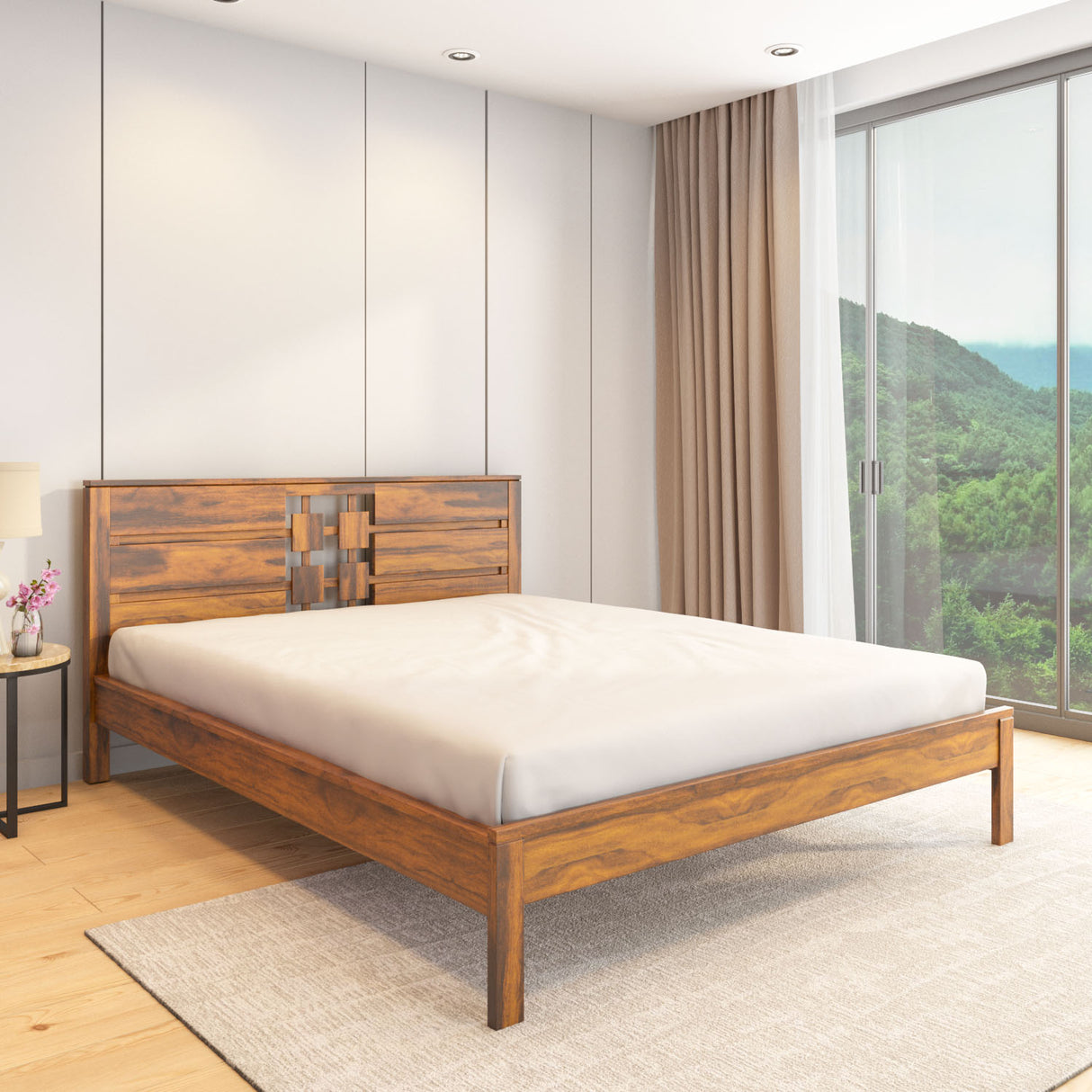 Konnect Solid Wood Queen Bed without Storage- Honey Walnut