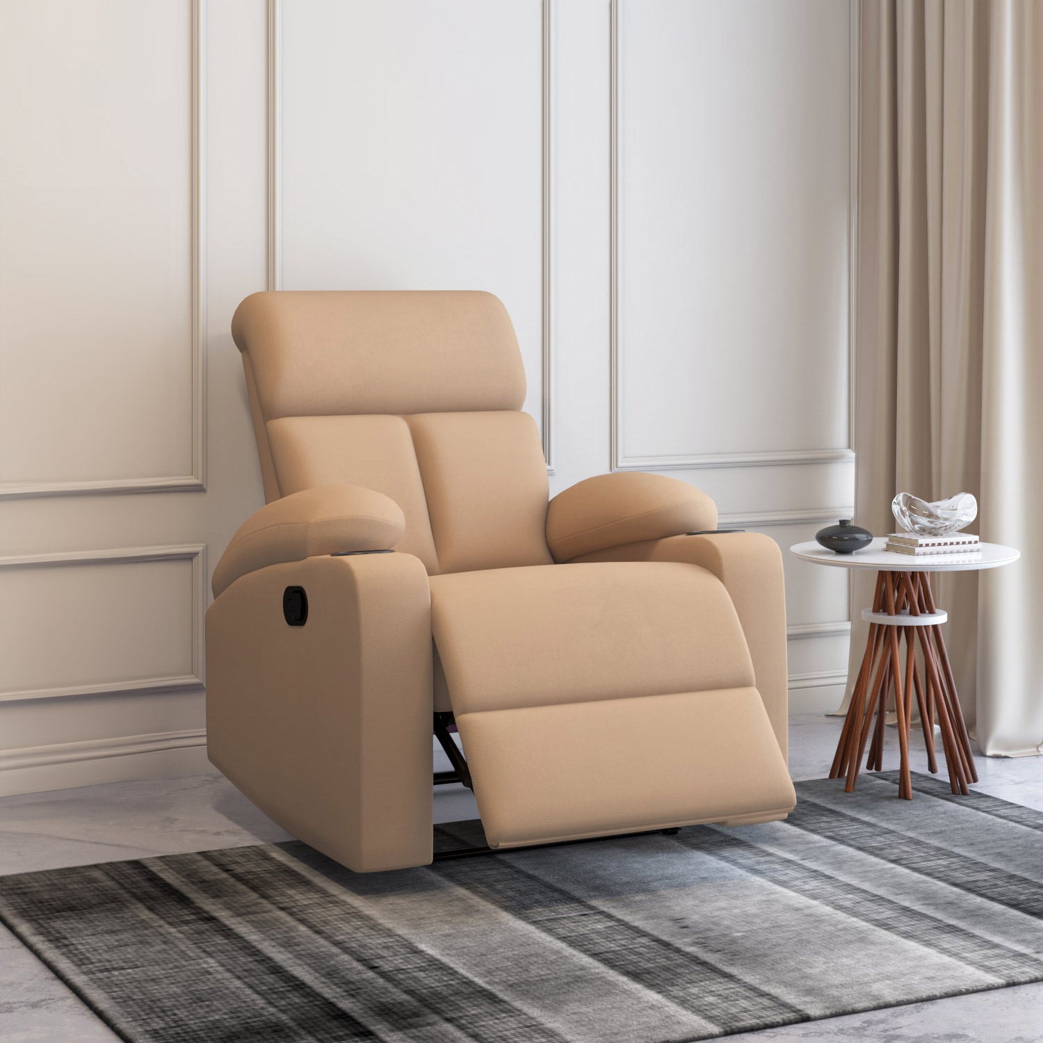 Lazio 1 Seater Manual Recliner with Cup Stand- Sand Brown