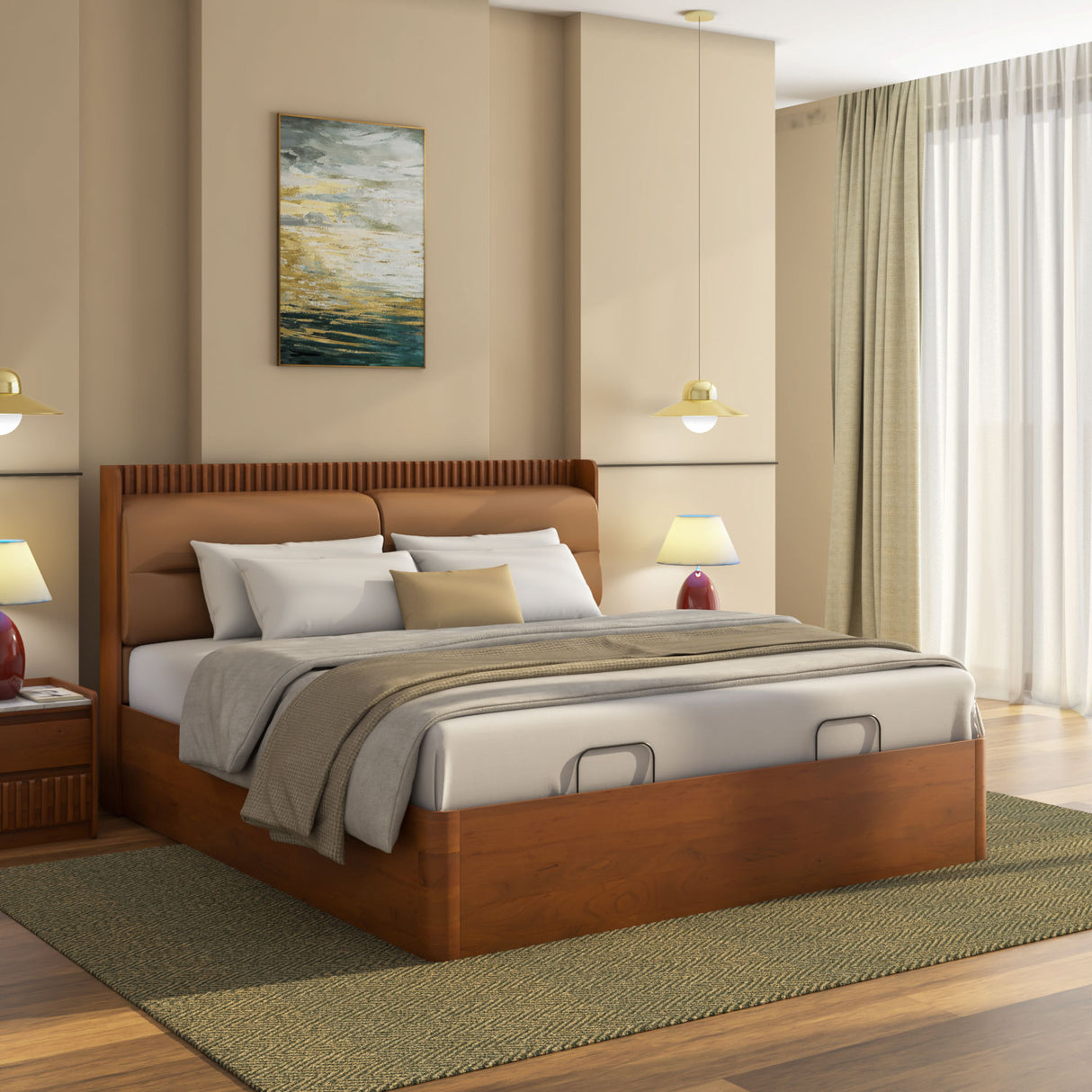 Linea Queen Bed with Hydraulic Storage- Honey Walnut