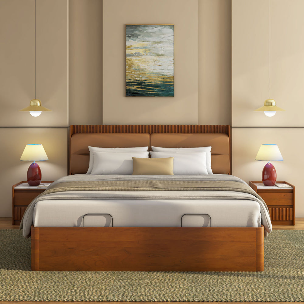 Linea King Bed with Hydraulic Storage- Honey Walnut
