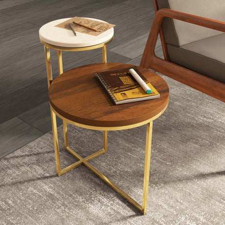 Nilkamal Mobo 2 Tier Ceramic And Mango Wood Top Side Table Gold