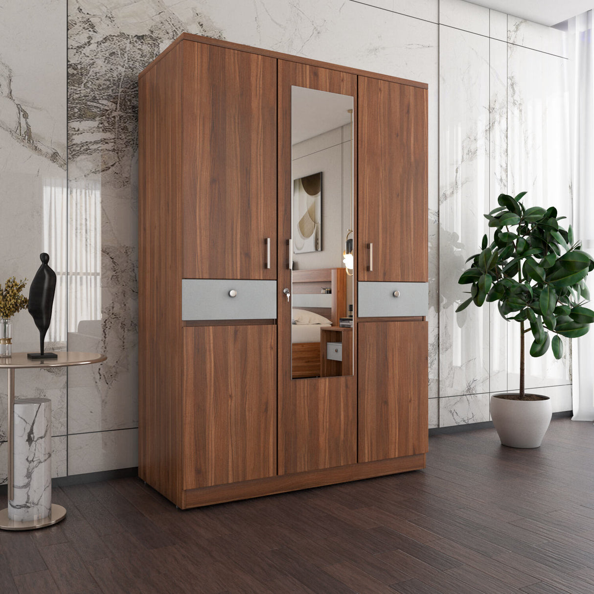 Magnus 3 Door Engineered Wood Wardrobe (Lyon Walnut)