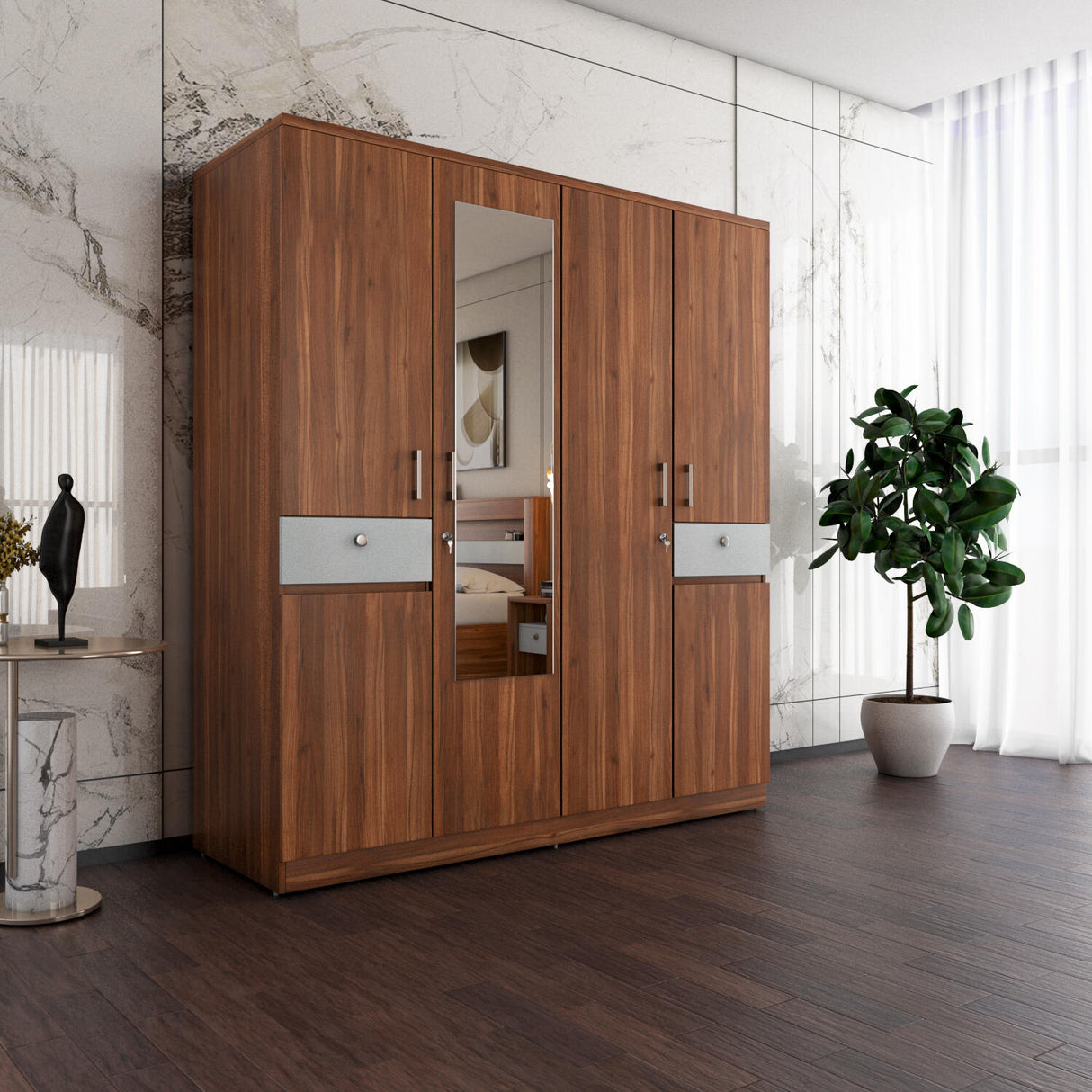 Magnus 4 Door Engineered Wood Wardrobe (Lyon Walnut)
