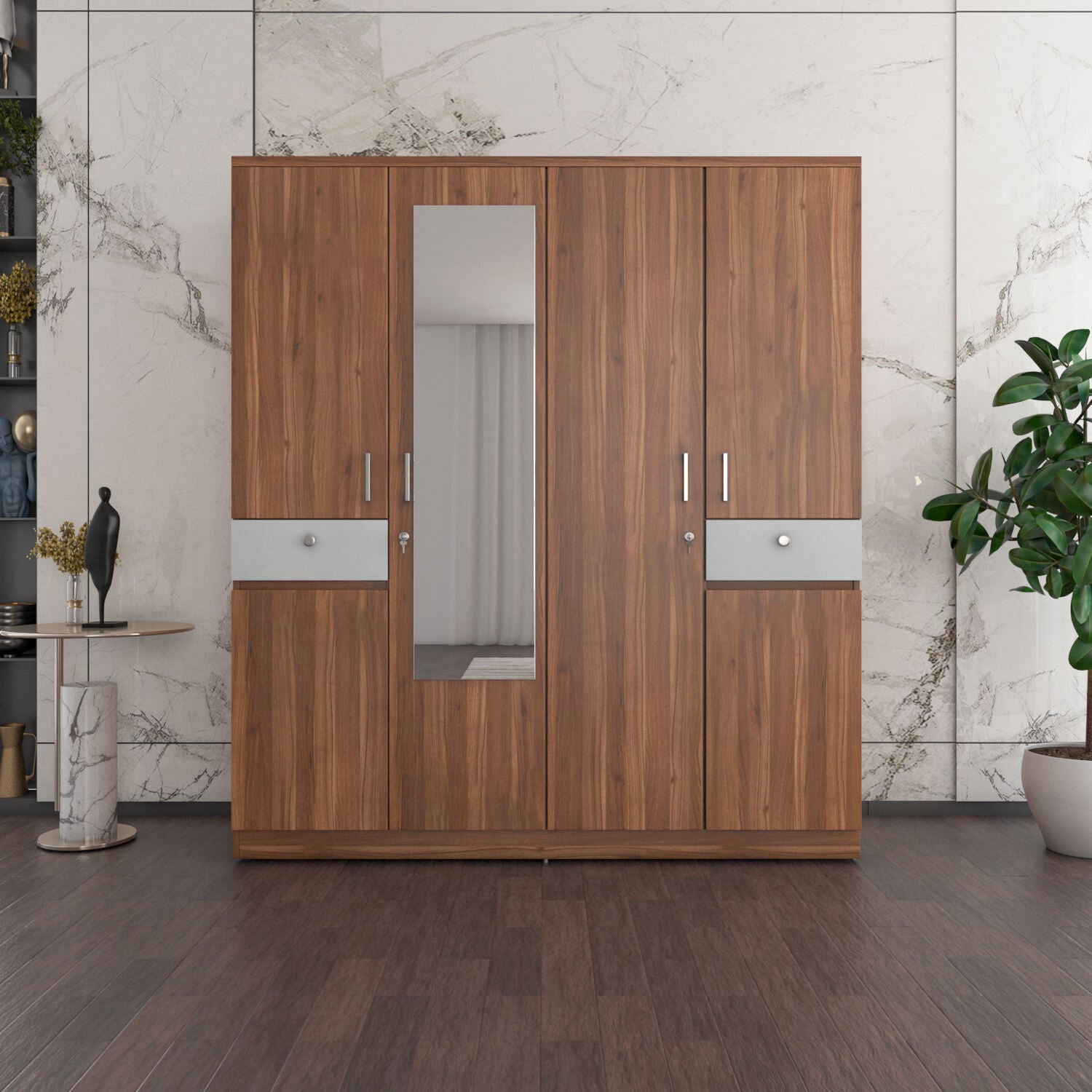 Magnus 4 Door Engineered Wood Wardrobe (Lyon Walnut)