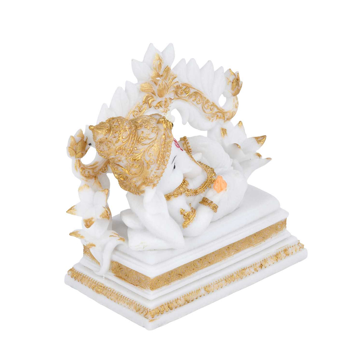 Vandanam Decorative Resting Ganesha with Modak Showpiece- White & Gold