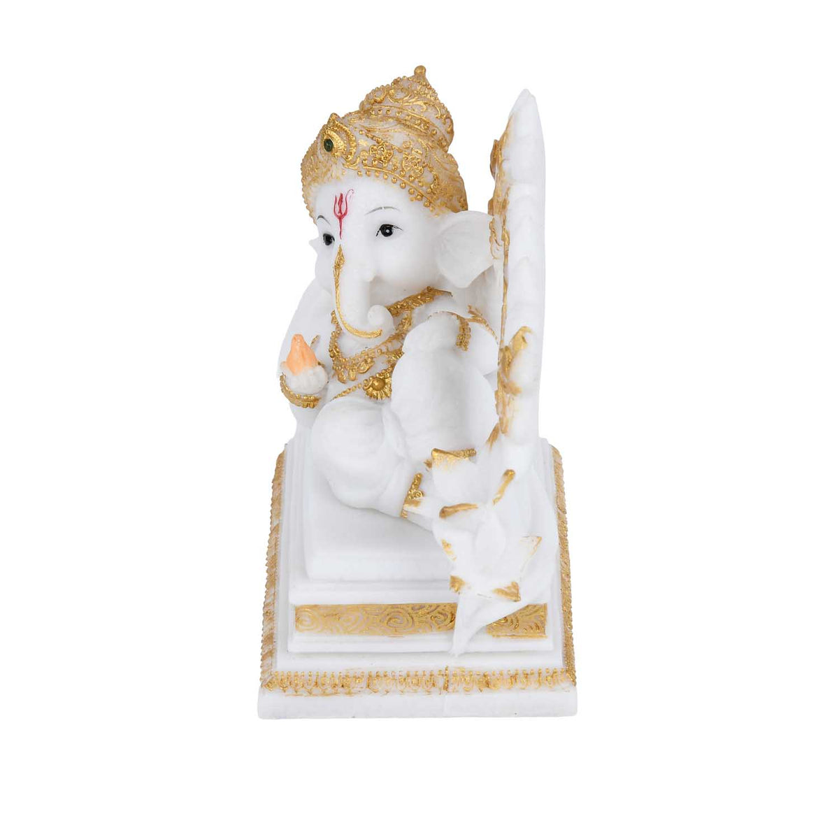 Vandanam Decorative Resting Ganesha with Modak Showpiece- White & Gold