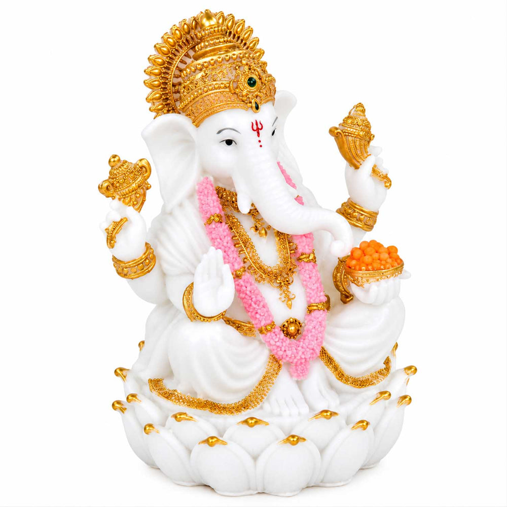 Vandanam Decorative Ganesha on Lotus Showpiece- White & Gold