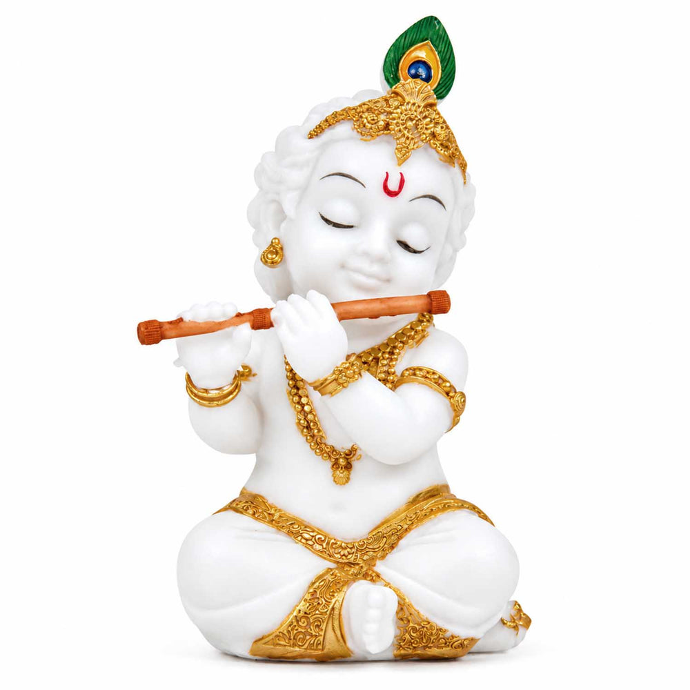Vandanam Decorative Baby Krishna with Flute Showpiece- White & Gold