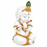 Vandanam Decorative Baby Krishna with Flute Showpiece- White & Gold