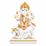 Vandanam Decorative Ganesha and Cow Showpiece- White & Gold