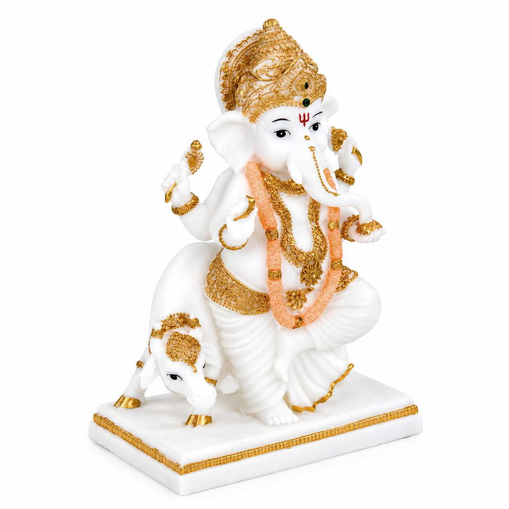 Vandanam Decorative Ganesha and Cow Showpiece- White & Gold