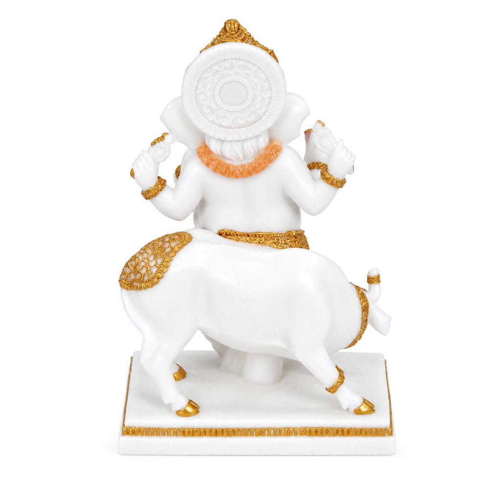 Vandanam Decorative Ganesha and Cow Showpiece- White & Gold