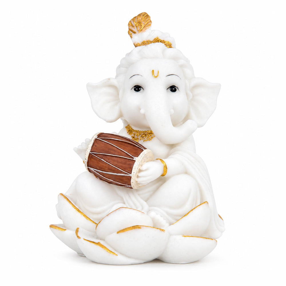 Vandanam Decorative Ganesha with Dhol Showpiece- White & Gold