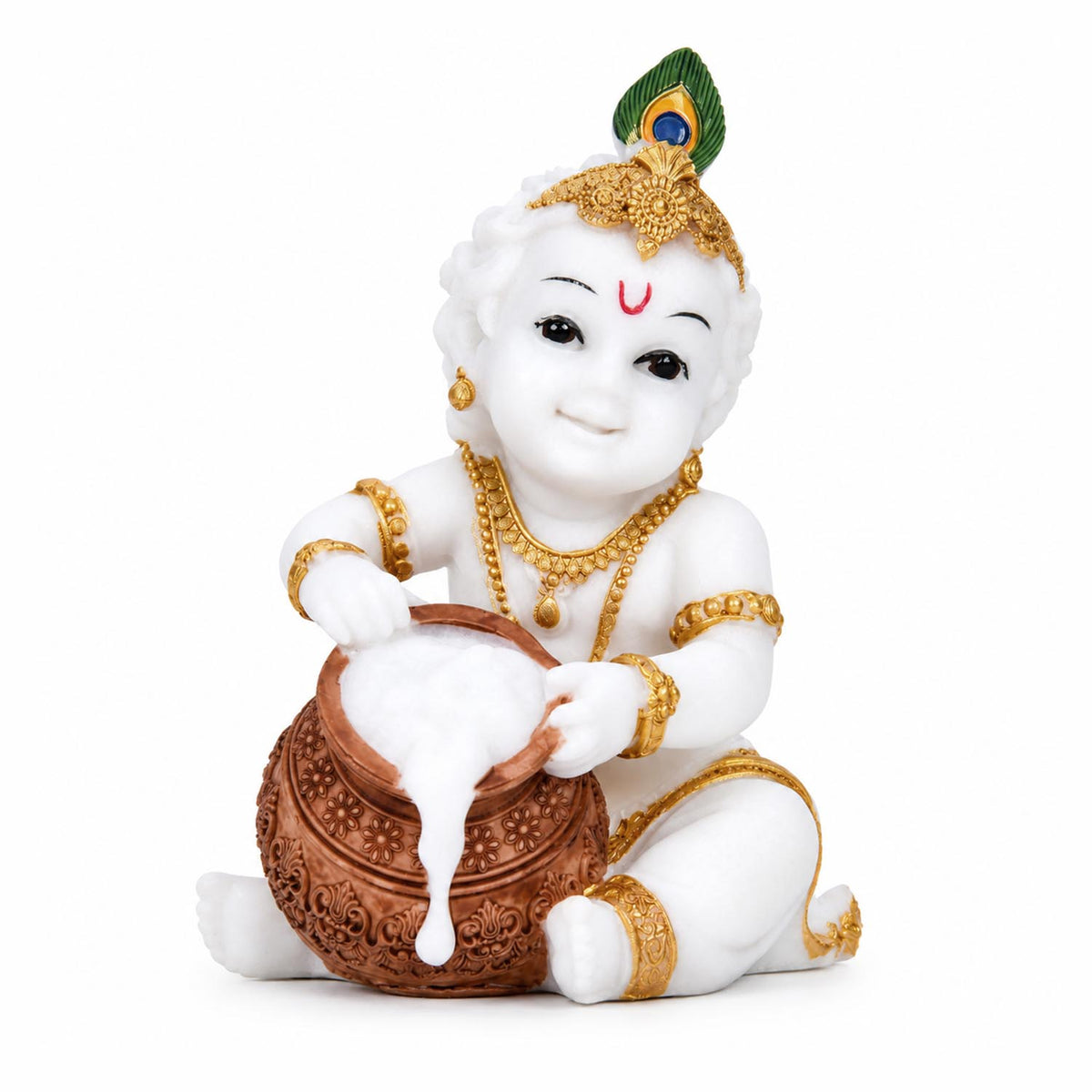 Vandanam Decorative Baby Krishna with Matki Showpiece- White & Gold