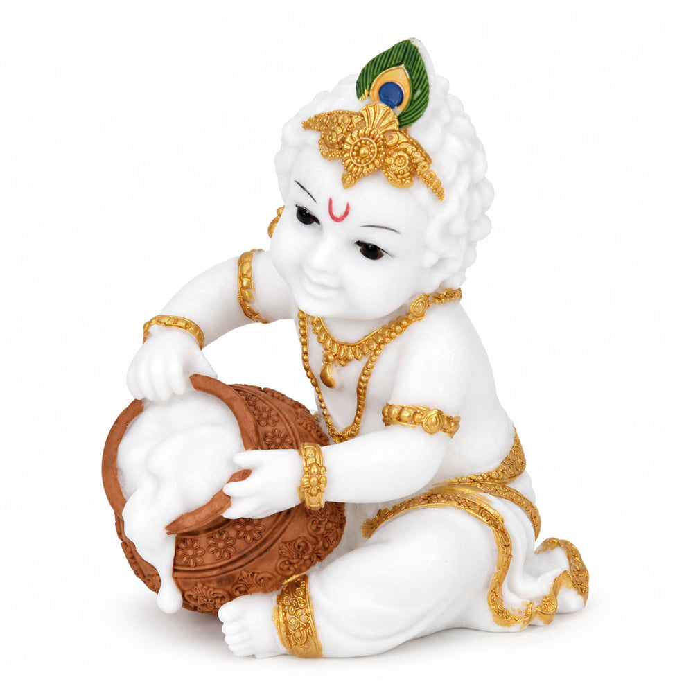 Vandanam Decorative Baby Krishna with Matki Showpiece- White & Gold