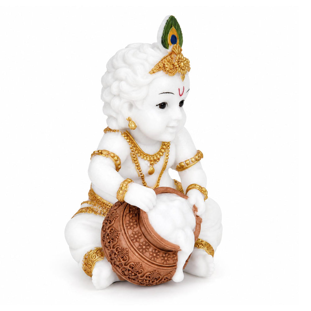 Vandanam Decorative Baby Krishna with Matki Showpiece- White & Gold