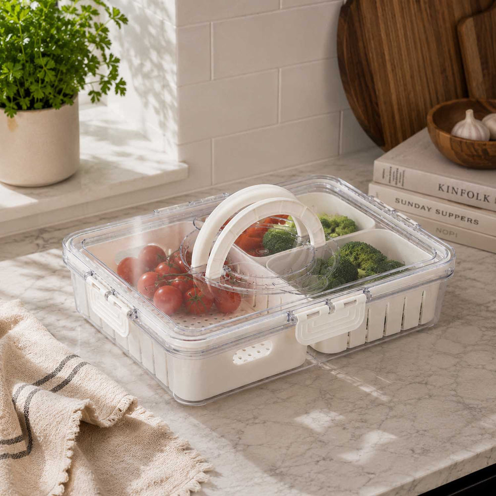 Rectangular 3 Compartment Storage Cannister with Handle-Cream