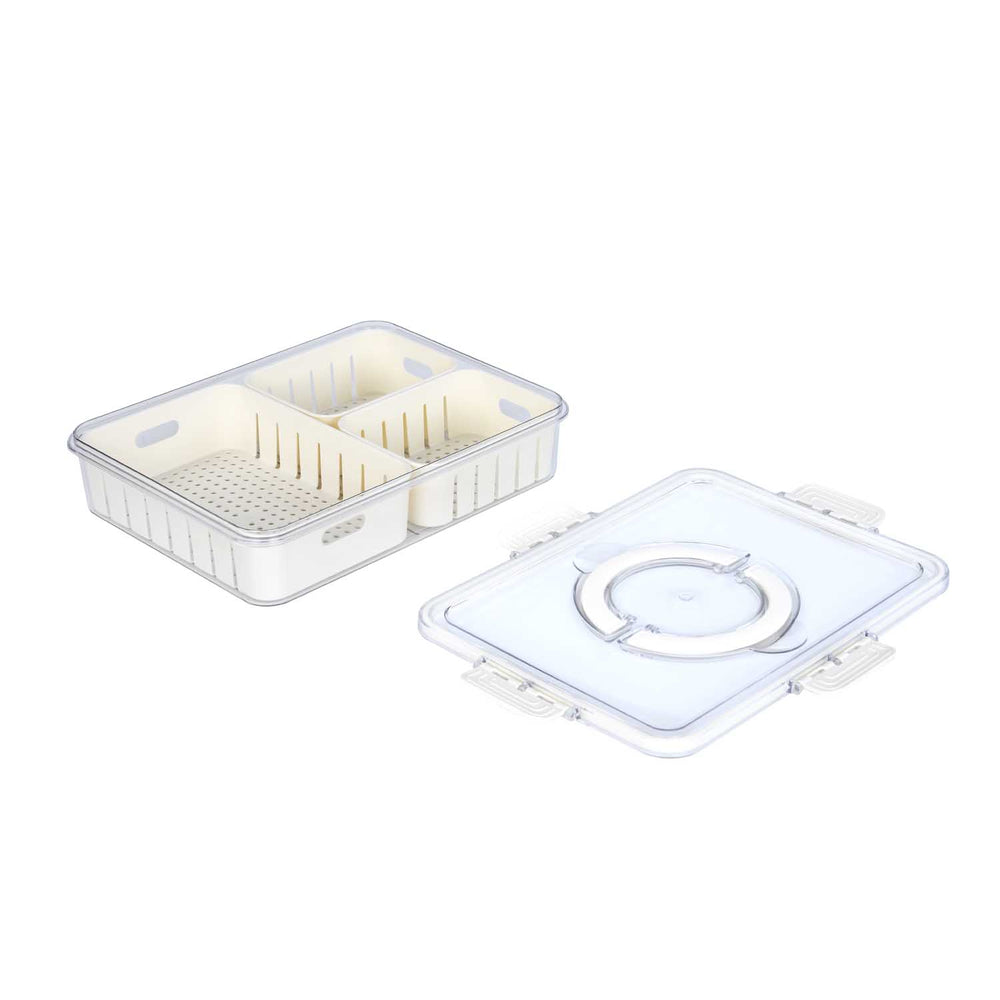 Rectangular 3 Compartment Storage Cannister with Handle-Cream