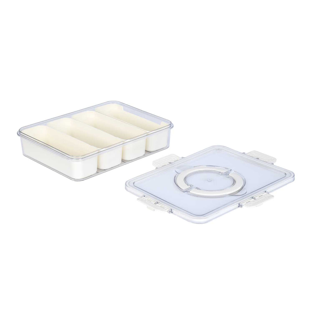 Rectangular 4 Compartment Storage Cannister with Lid and Handle-Cream