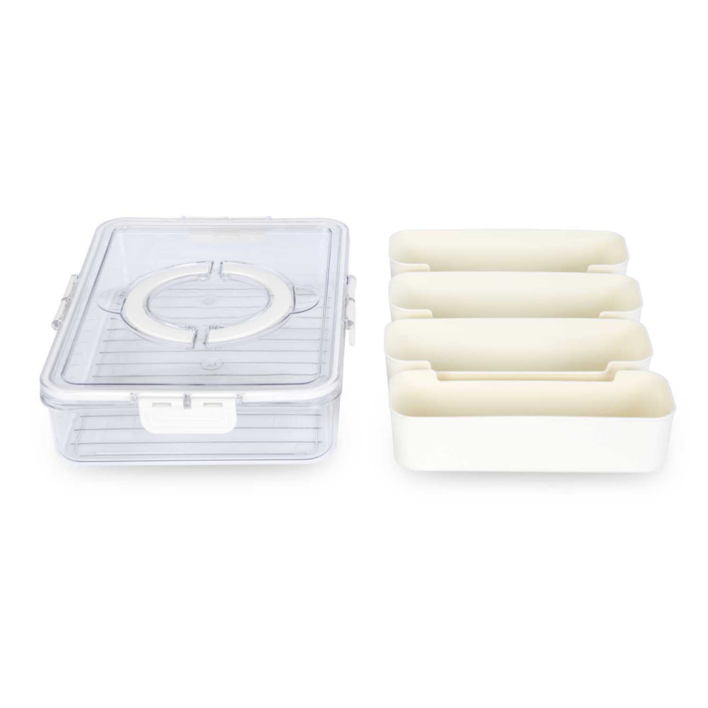 Rectangular 4 Compartment Storage Cannister with Lid and Handle-Cream