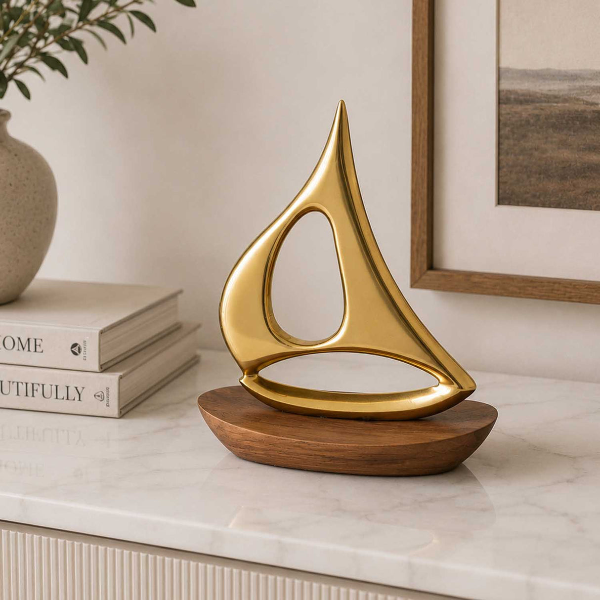 Boat Metal and Wooden Showpiece- Gold & Brown