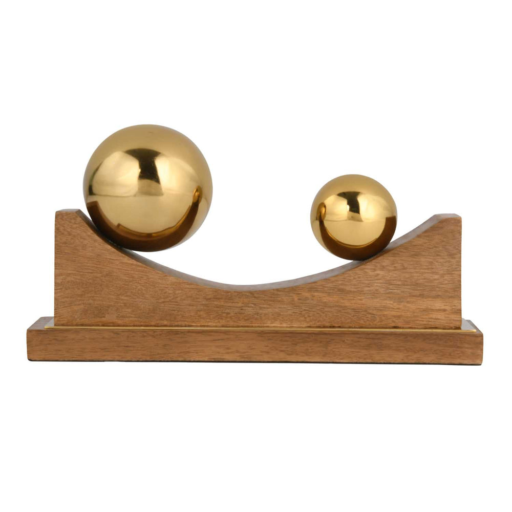 Sphere Balance Metal and Wooden Showpiece- Gold & Brown, Small