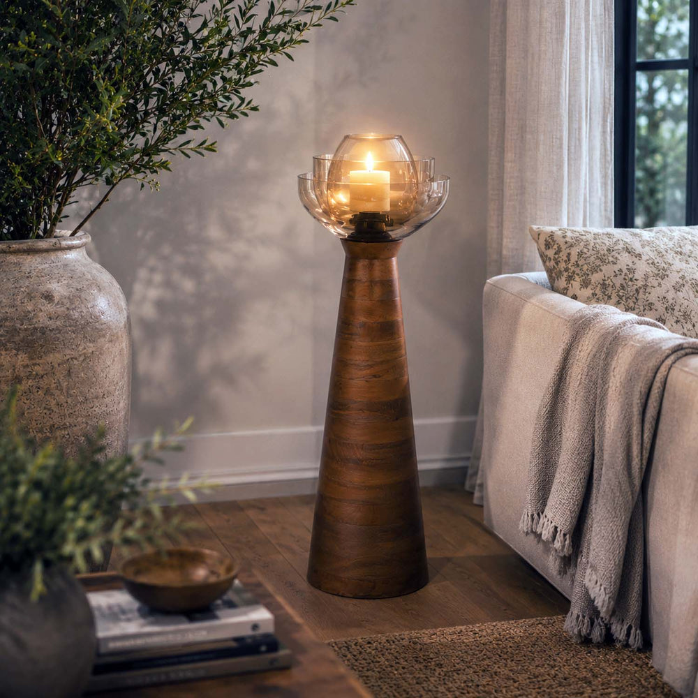 Decorative Glass & Wooden Candle Holder- Gold & Brown, Large