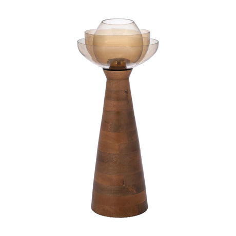 Decorative Glass & Wooden Candle Holder- Gold & Brown, Small