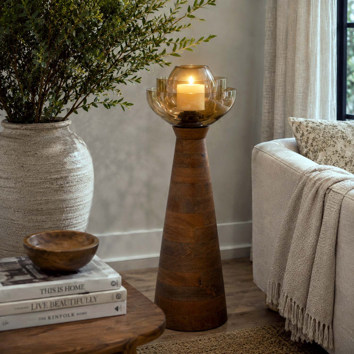 Decorative Glass & Wooden Candle Holder- Gold & Brown, Small