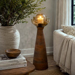 Decorative Glass & Wooden Candle Holder- Gold & Brown, Small
